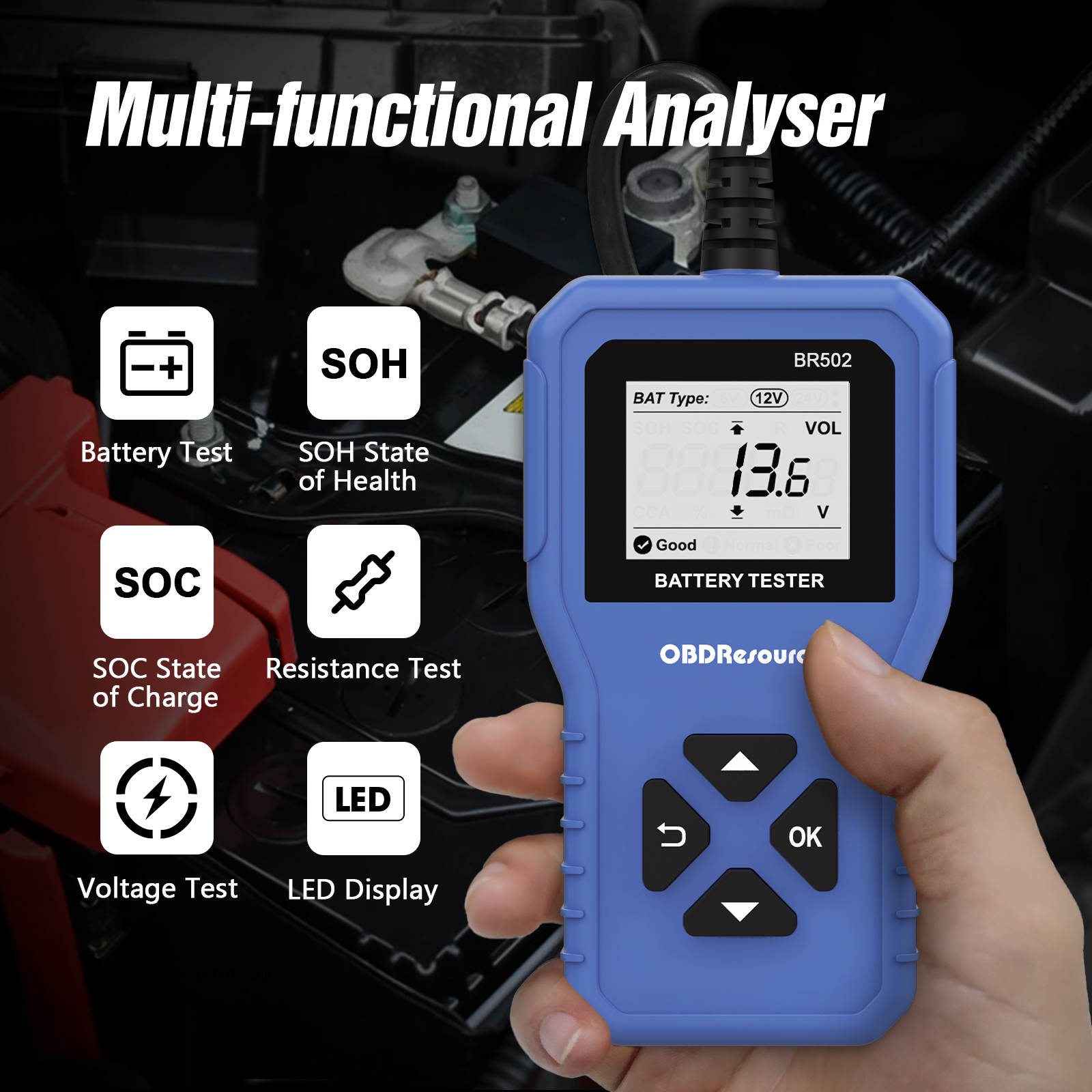 OBDResource BR502 Battery Tester 3 IN 1 2AH-220AH Digital Auto Battery  Tester