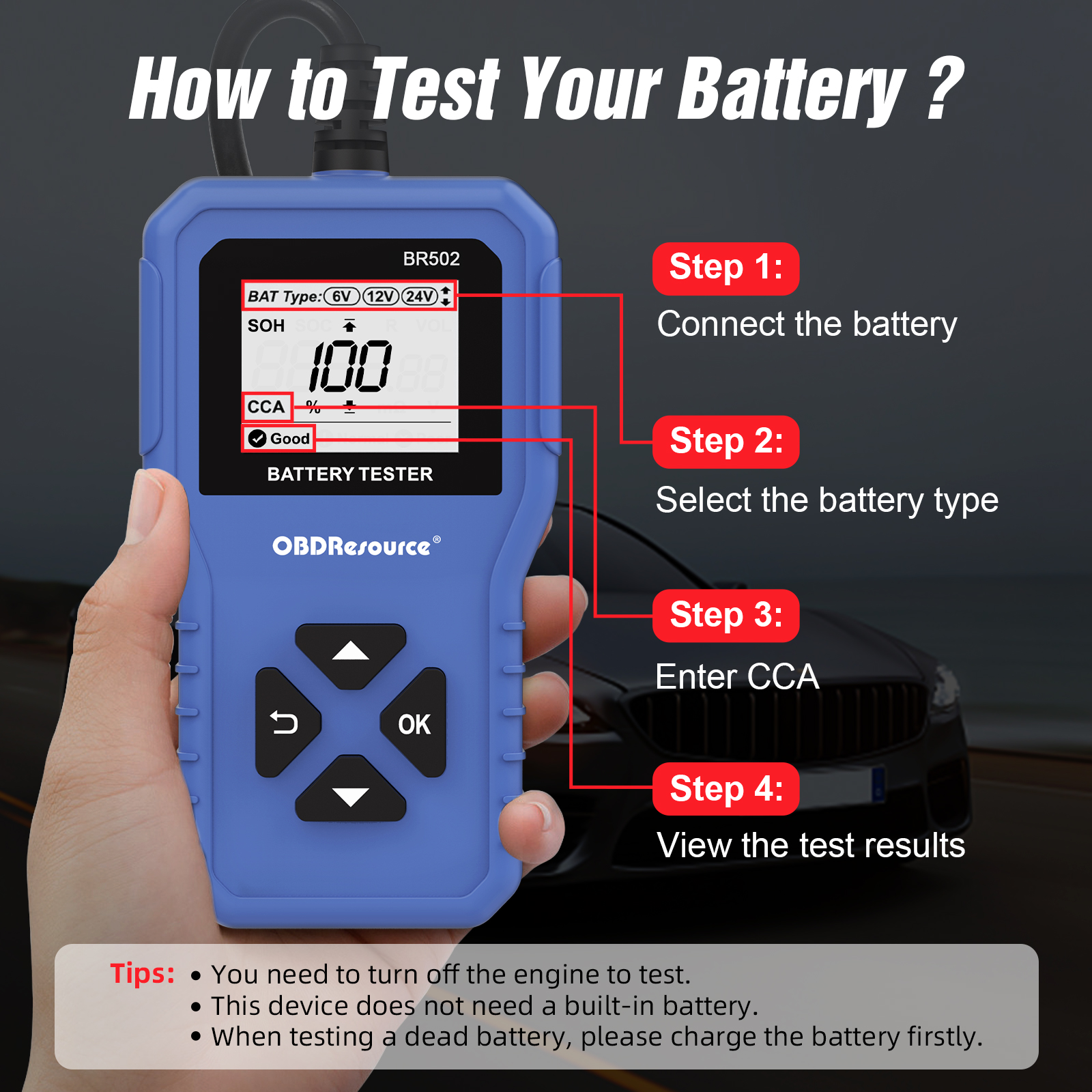 OBDResource BR502 Battery Tester 3 IN 1 2AH-220AH Digital Auto Battery  Tester