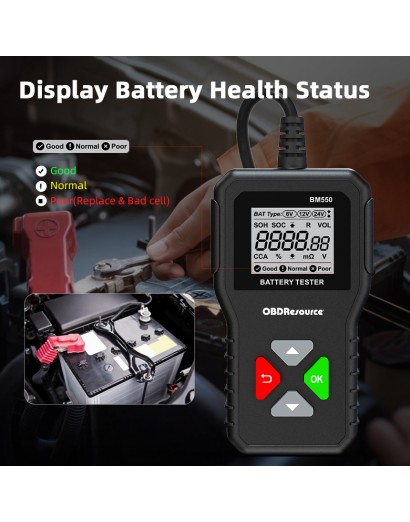Bm550 autobatterie tester obd2 6v 12v 24v 100-2000cca 2ah-220ah