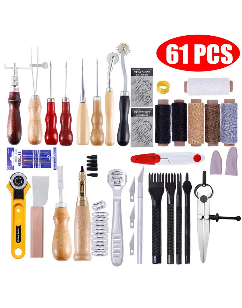 61Pcs Leather Craft Tool Kit Hand Sewing Stitching Punch Carving Saddle  Edger